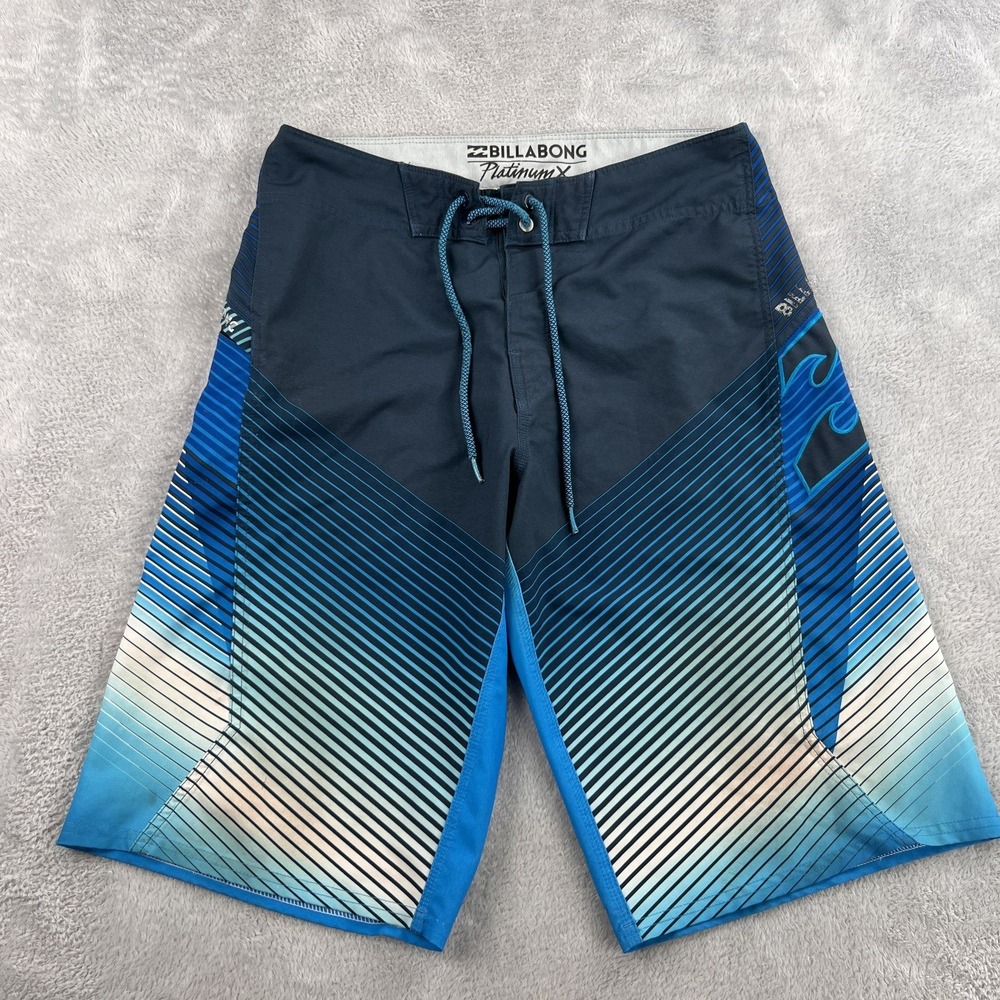 Billabong Platinum X Board Shorts M Blue Striped Men Surf Swim Trunks Stretch